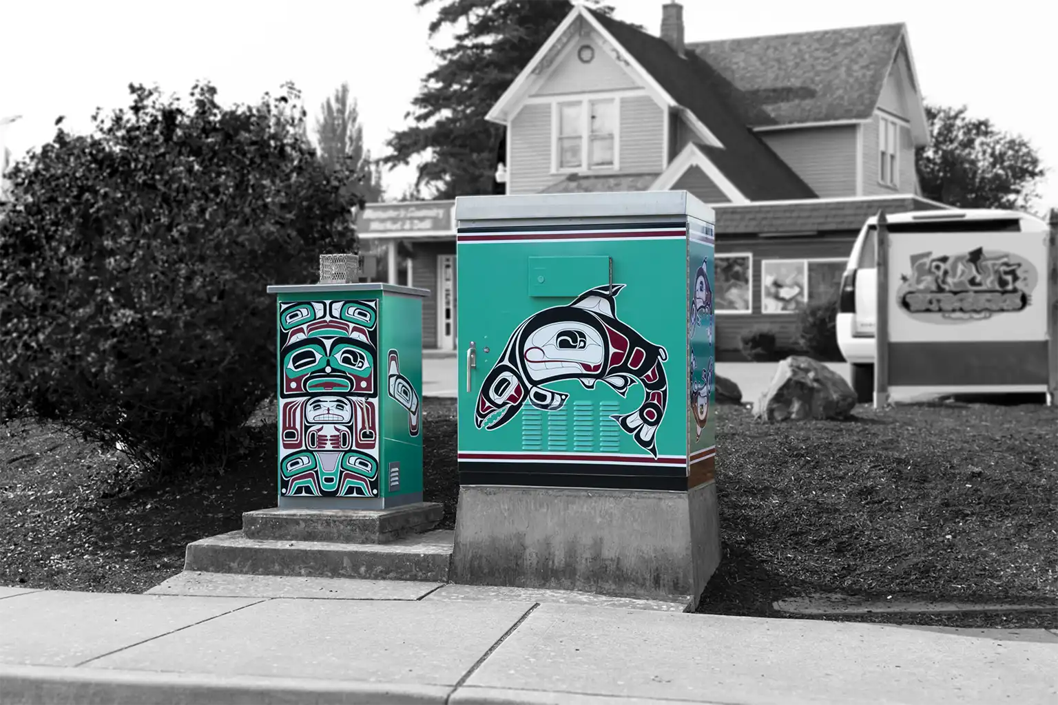 Full size image of Kaa Shaayi's "Wisdoms Embrace" traffic control box wrap in Ferndale Washington