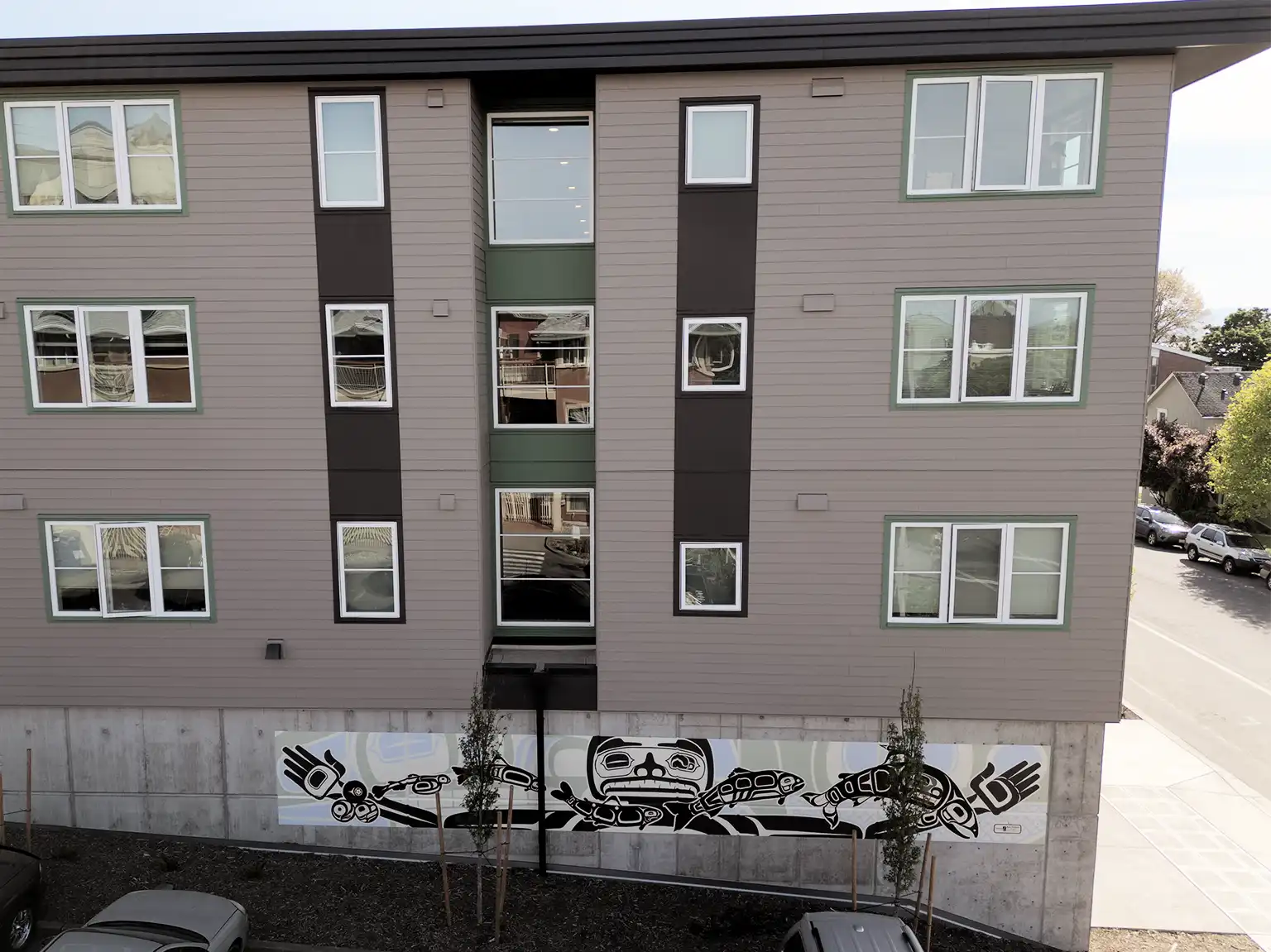 Full size aerial image of Kaa Shaayi's "Wisdoms Embrace" mural in Bellingham Washington